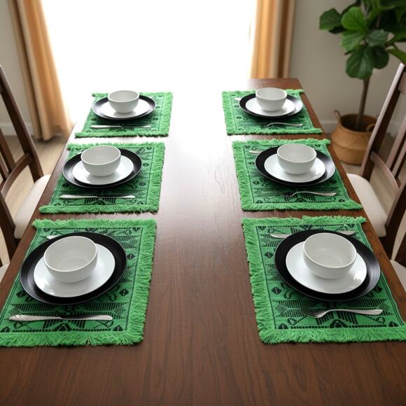 Vintage Boho Geometric Woven Placemats Set of 6 Green Black Fringe Decor Art - Picture 3 of 5